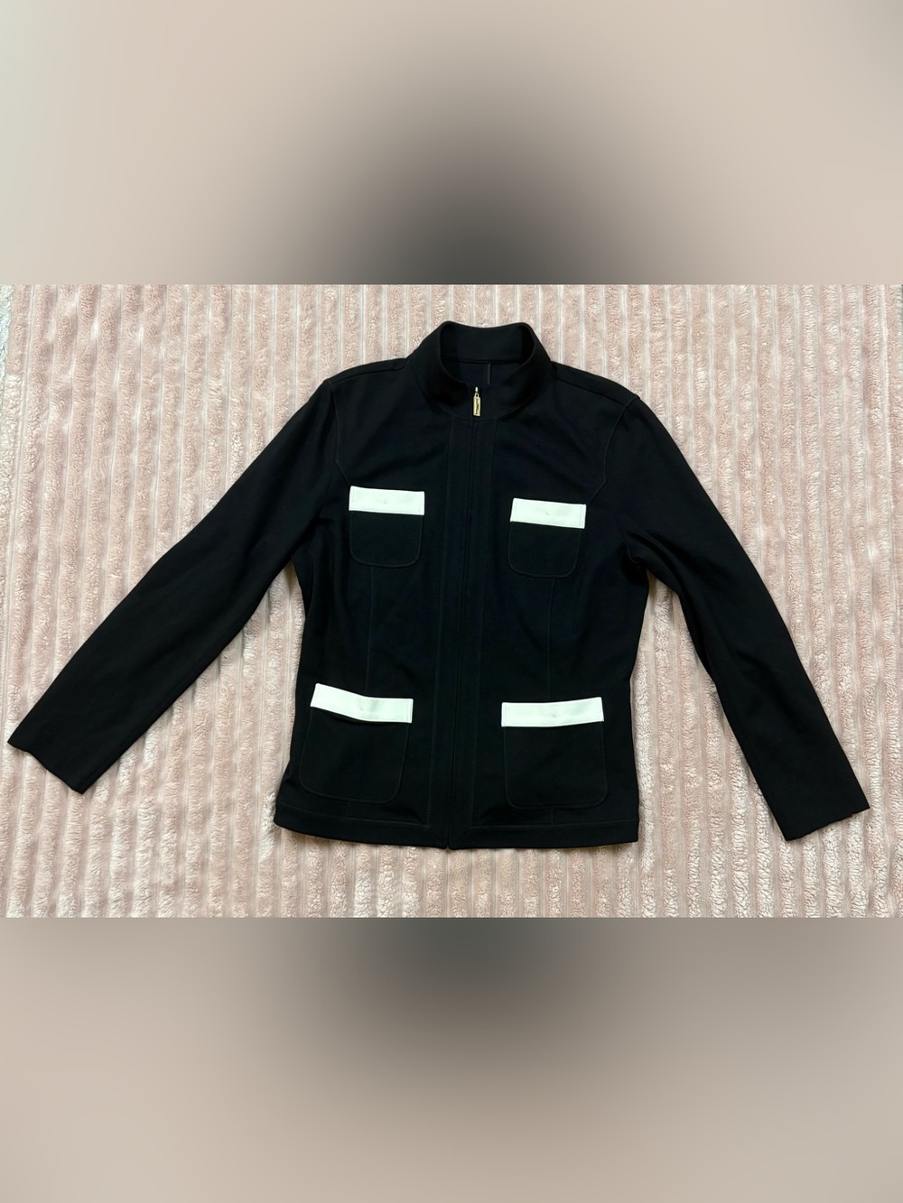 St. John Black Knit Zip Jacket with White Pocket Trim